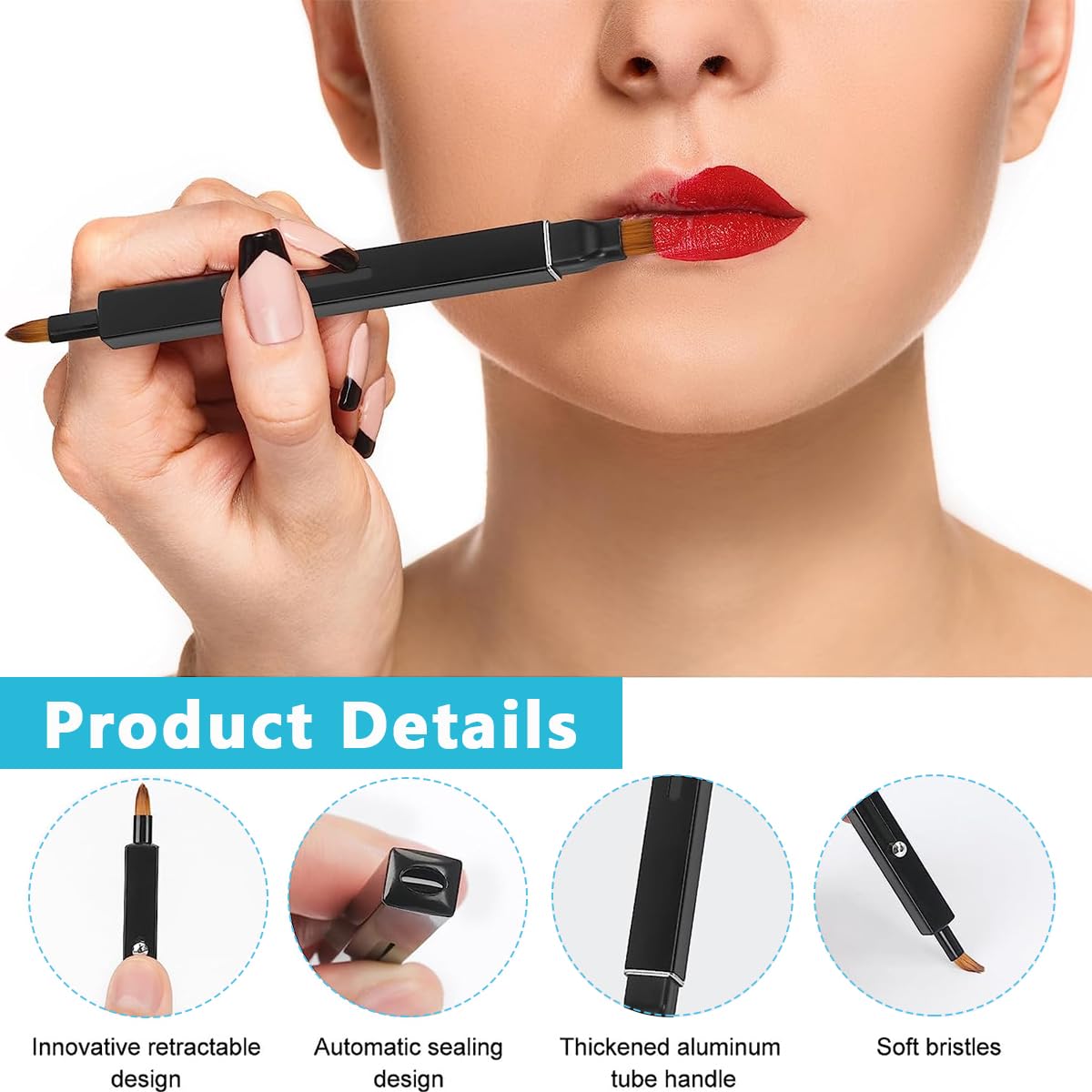 MAYCREATE Retractable Lipstick Brush for Women Girls, 2 in 1 Double-ended Lip Makeup Brushes with Cap, Travel Dustproof Lip Liner Brush for Lip Balm, Lip Gloss, Eyeshadow Smudge Concealer - Black