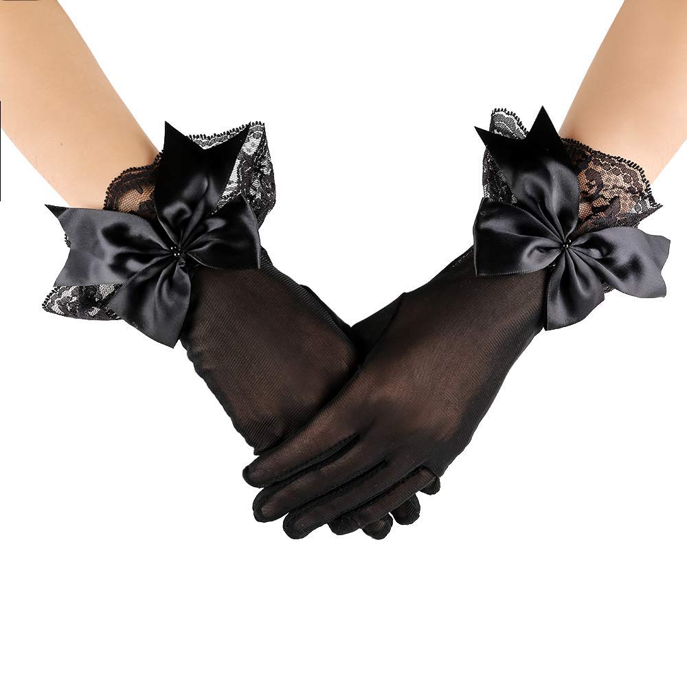 PALAY 1 Pair Lace Gloves for Women Girls Black Gloves,Butterfly Bow Design Elegant Bridal Short Mittens for Wedding Party Festival Photography