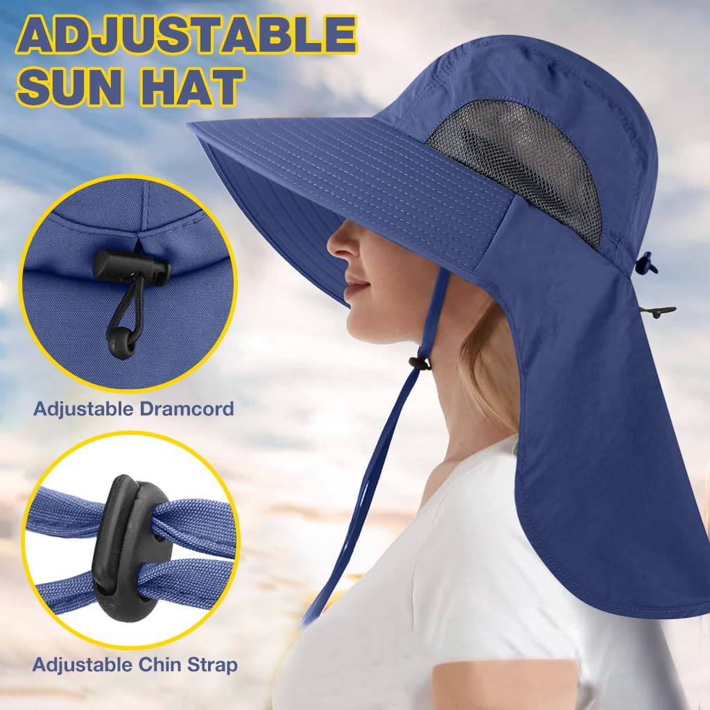 GUSTAVE Sun Hat for Men Fashion Wide Brim Hat UPF 50+ Sun Hats Men Neck Flap Design & Adjustable Windproof Chin Strap Sun Hat Unisex Sun Hat Breathable Sun Hat for Hiking, Fishing, Gardening, Navy