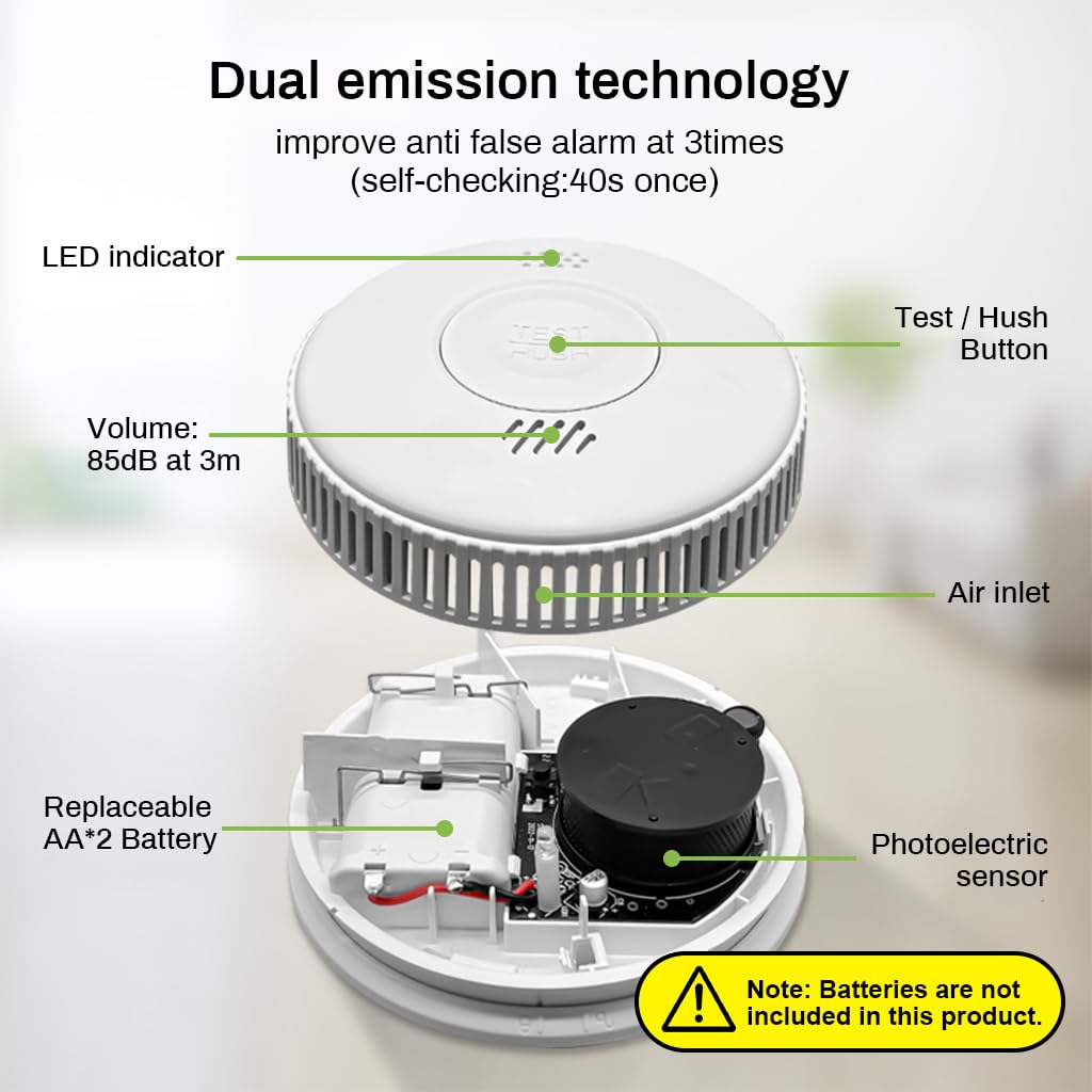 HASTHIP Smoke Detector with Alarm, Smoke Detector Fire Alarm with Photoelectric Technology, Smoke Alarm with Test/Silence Button, Light Sound Warning 2xAA Battery Powered (NOT Included)