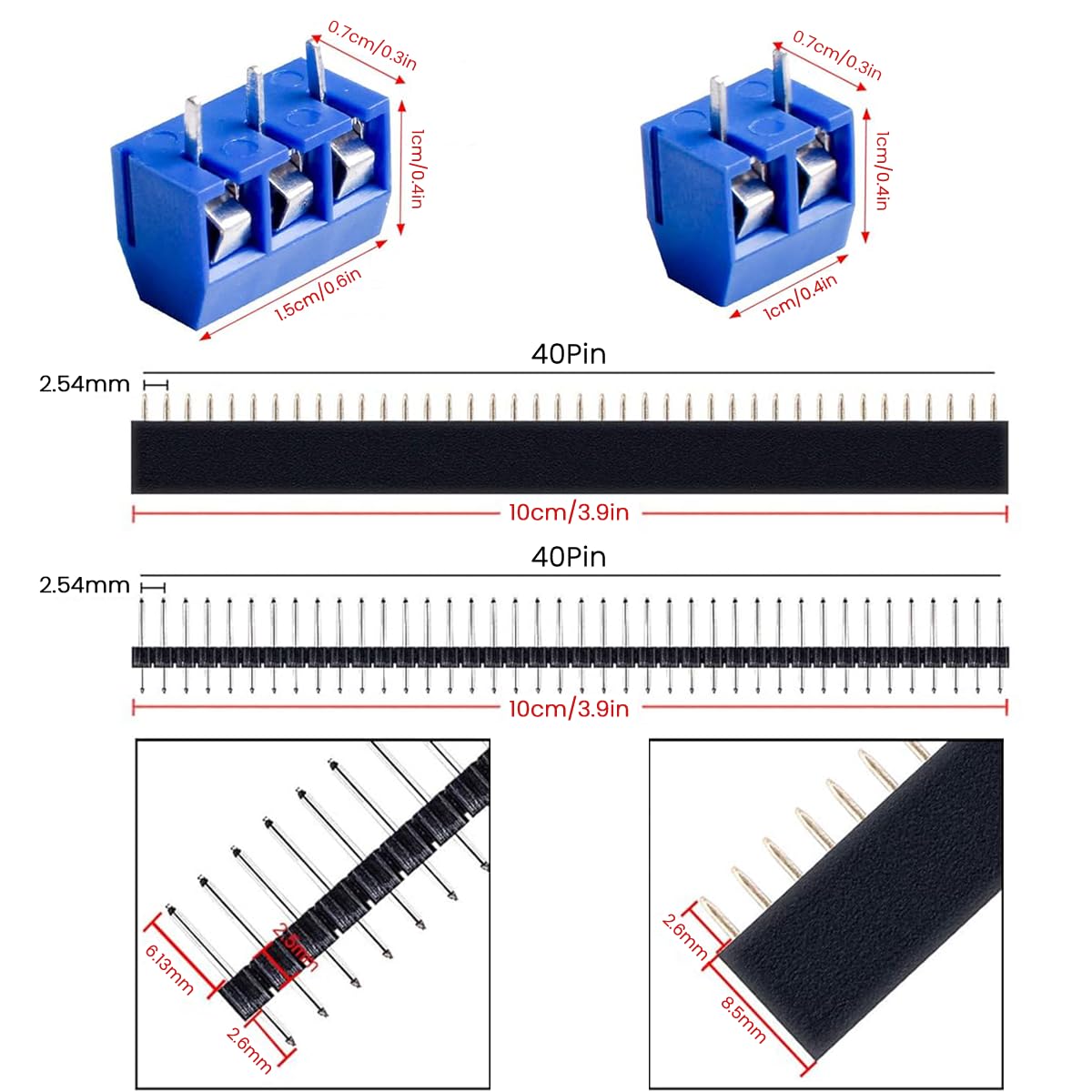 Serplex 85Pcs Double Sided PCB Board Kit, Prototype Boards for DIY Soldering and Electronic Project Circuit Boards Compatible with Kits, 40PCS 40 Pin 2.54mm Male and Female Header Connector