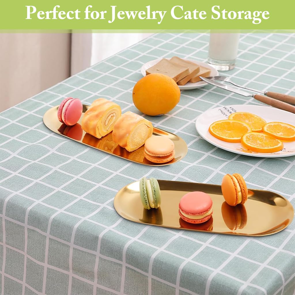 HASTHIP 2Pcs Golden Trays Stainless Steels Jewelry Organizer Trays Dressing Table Organizer Trays Bathroom Vanity Trays Multi Purpose Organizer Trays Kitchen Food Trays, 23x9cm