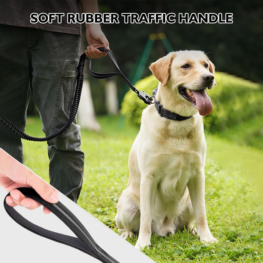 Qpets Tactical Dog Belt Seat Belt, Adjustable Dog Leash with Car Seat Belt Buckle, Safety Dog Seatbelts with 2 Control Handles, Elastic Dog Harness for Medium Large Dog, Reflective(Black)