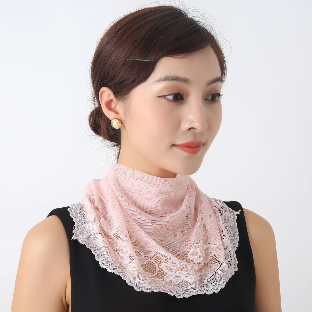 PALAY Lace Face Cover for Women Sun Protection Face Mask, Stylish Breathable Embroidery Veil Face & Neck Covering for Girls - Pink, Hanging Ear Design