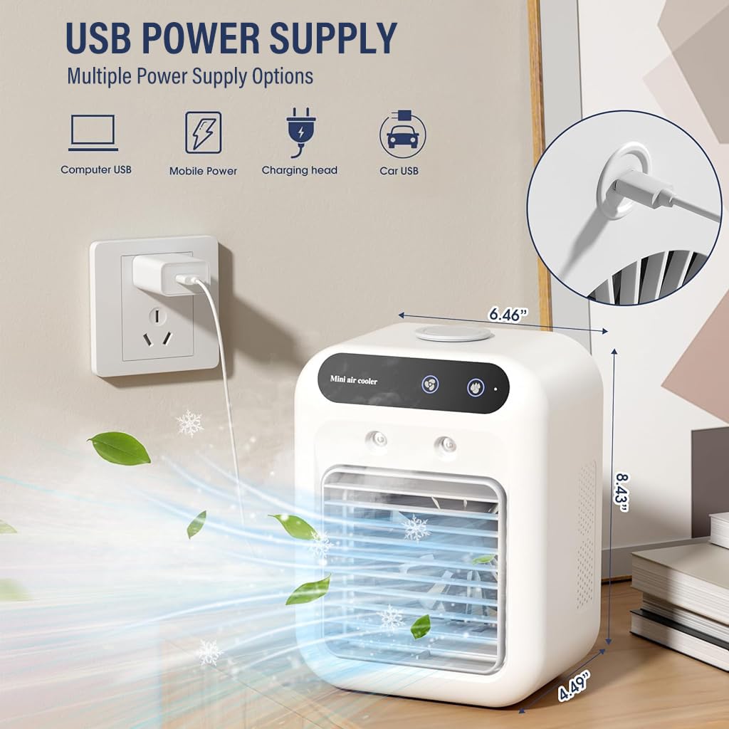 Verilux Portable Table Fan with Mist Humidify, Desk Cool Misting Fan Air Conditioner with 500ml Water Tank, 2 Speeds Low Noise 20dB, Mini Air Conditioner for Bedroom, Car, Office, 6.2x8.3 Inches