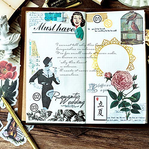 HASTHIP 60 Pcs Vintage Ephemera Pack, Romantic Easy Self-Adhesive Plants Floral Style Decoration Note Paper Stickers for Card Stock Scrapbook Letters Notebook Card Making DIY (Spend time)