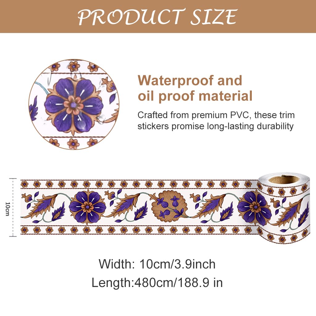 HASTHIP Wallpaper Border Peel and Stick Wall Border Sticker, Decorative Edge Strip Waterproof PVC Self Adhesive Floral Wallpaper Border for Home, Bathroom, Living Room (94.4 X 3.9 Inch Roll)
