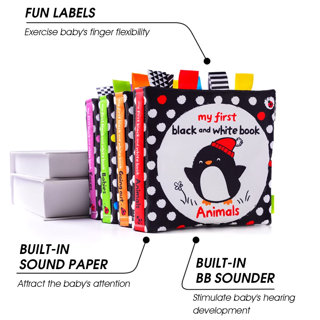 SNOWIE SOFT First Baby Cloth Book for Babies High Contrast Black and White Interaction Book,Cartoon Animal Theme,Cloth Books for Baby Early Education Vision Development for 3-12 Months