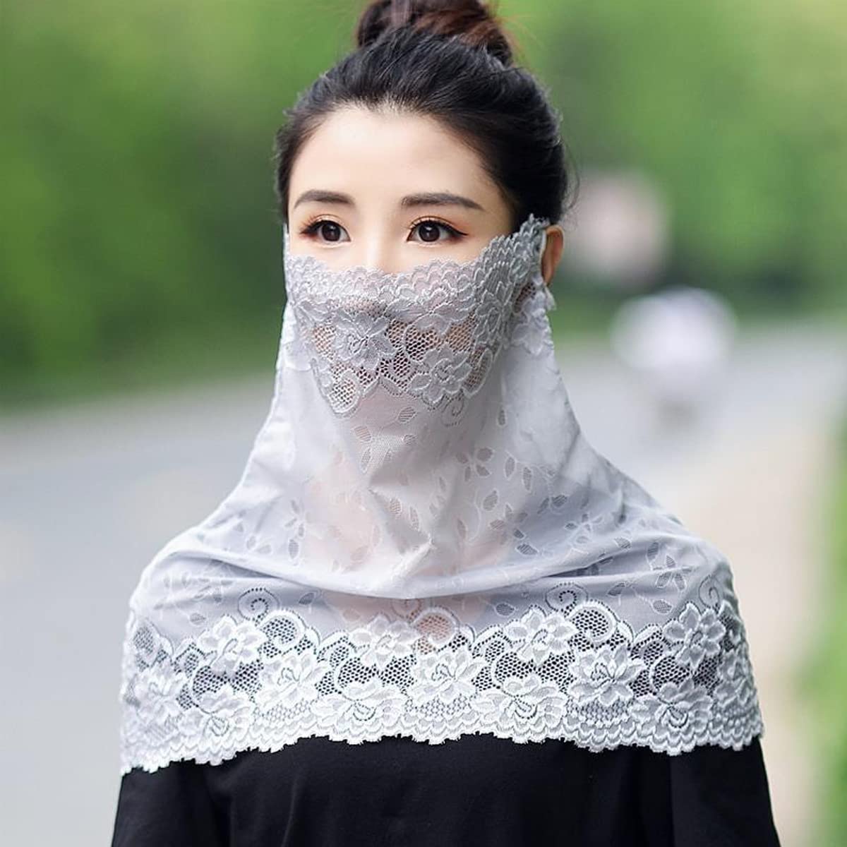PALAY Lace Face Mask Face Cover for Women Sun Protection, Stylish Breathable UV Protection Embroidery Veil Face & Neck Covering for Girls - Hanging Ear Design