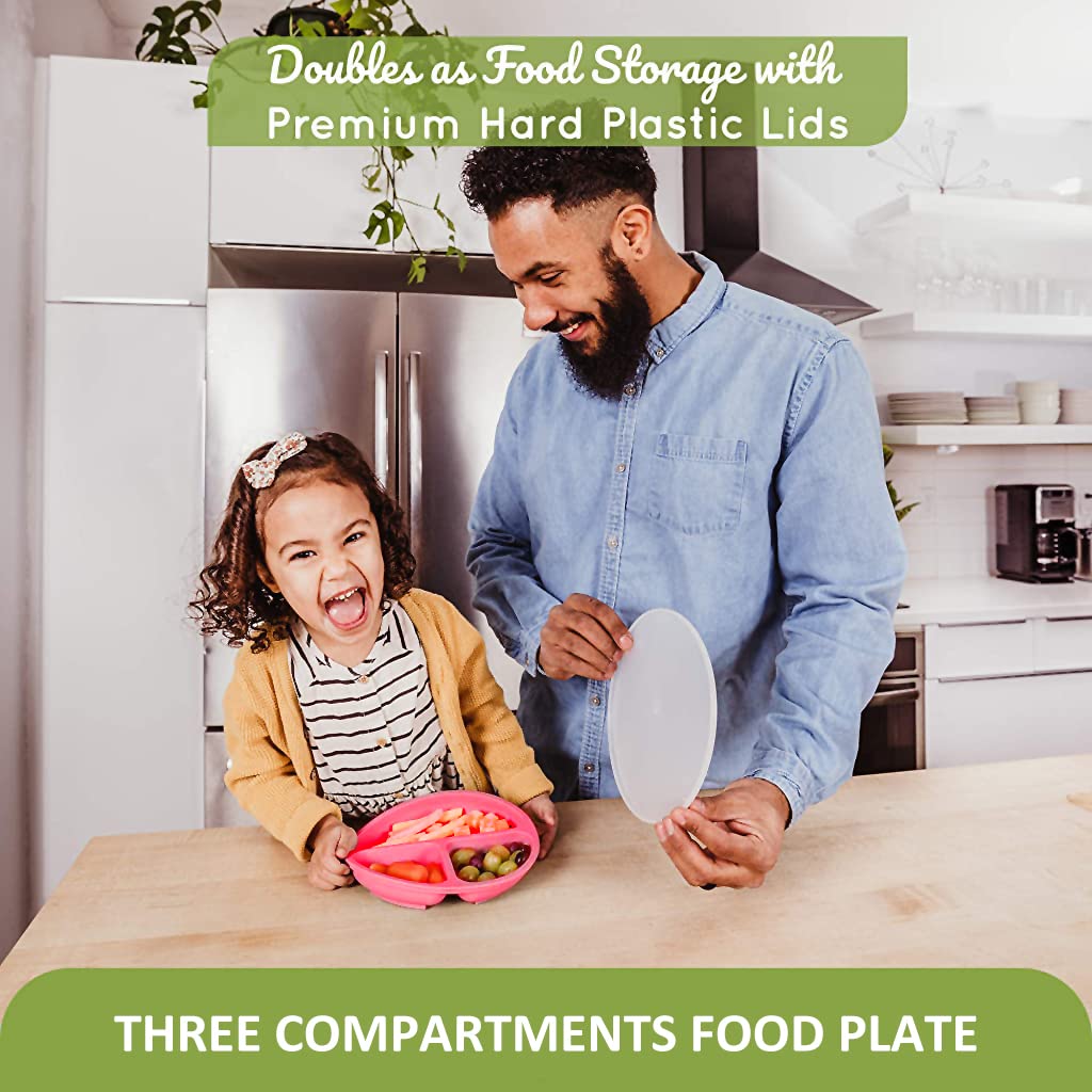 SNOWIE SOFT Baby Suction Plates for Baby Feeding with Lid and 4 Strong Suction Cups, Silicone Toddler Plates with Deep Divided for Kids to Feed Themselves, Dish Washer & Micro-Wave Oven Safe