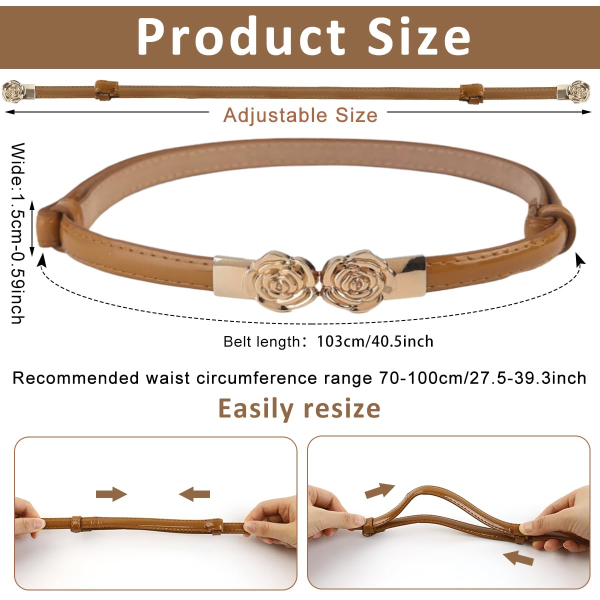 PALAY Women Belt Fashion PU Narrow Belt Golden Rose Interlock Buckle PU Slim Belt 40 Inches Adjustable Women Slim Belt for Casual Blazer, Formal Suit, Gown, Evening Dress