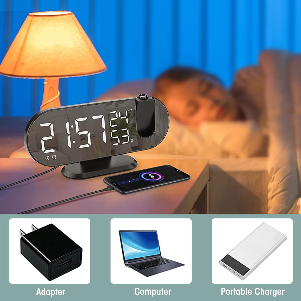 HASTHIP Projection Alarm Clock, 8.2 inch LED Mirror Digital Alarm Clock with USB Port, 180° Rotable Projector, FM Radio, Temperature & Humidity Display, 12/24H, Dual Alarm, Snooze, 3 Dimmer (Black)