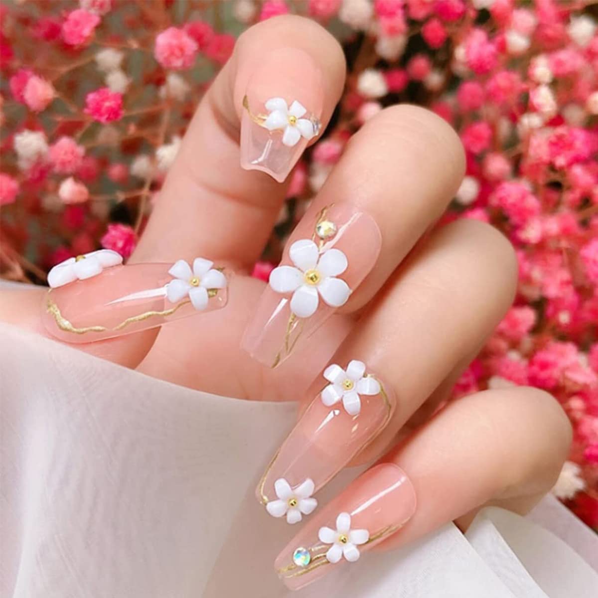HASTHIP 3 D Flower Acrylic Decals for Nail Charms Art,DIY Manicure Salon Accessories for Women & Girls, 400 Pcs Resin Flower Decals with Golden Beads