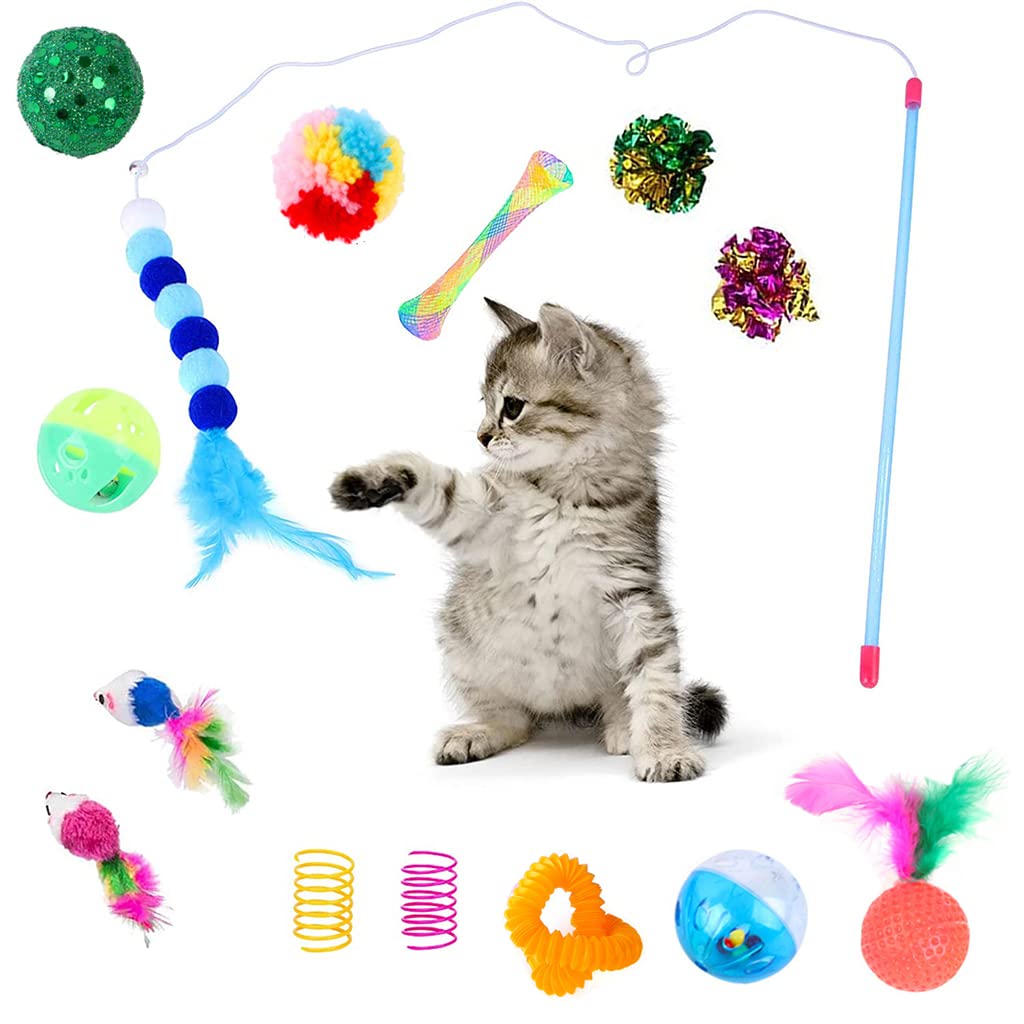 Qpets 20 PCS Toys for Cats Set, Collapsible Cat Tunnels for Indoor Cats, Family Set Cat Teaser Toy Cat Feather Toy Fluffy Mouse Crinkle Balls Cat Toys for Cat Puppy Kitty Rabbit