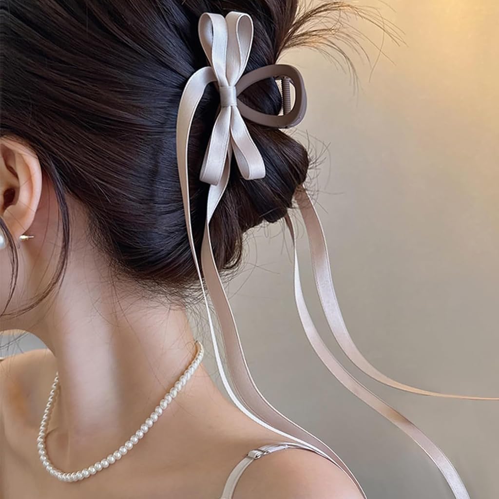 PALAY 2Pcs Hair Claw Clips for Women Stylish Bow Ribbon Large Claw Clip Non-Slip Matte Claw Hair Clips Strong Hold Barrette for Medium Thick Hair - Brown & Black