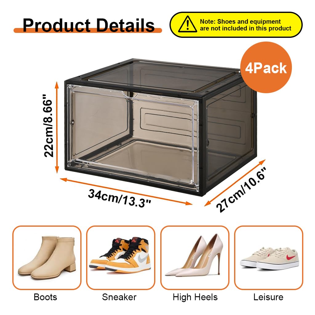 HANNEA Shoe Box Plastic Shoe Boxes Storage Separate Shoes Box with Magnet Door Stackable Shoe Organizer Universal Size Sneaker Shoe Box for Men Shoes Box for Women 4Packs