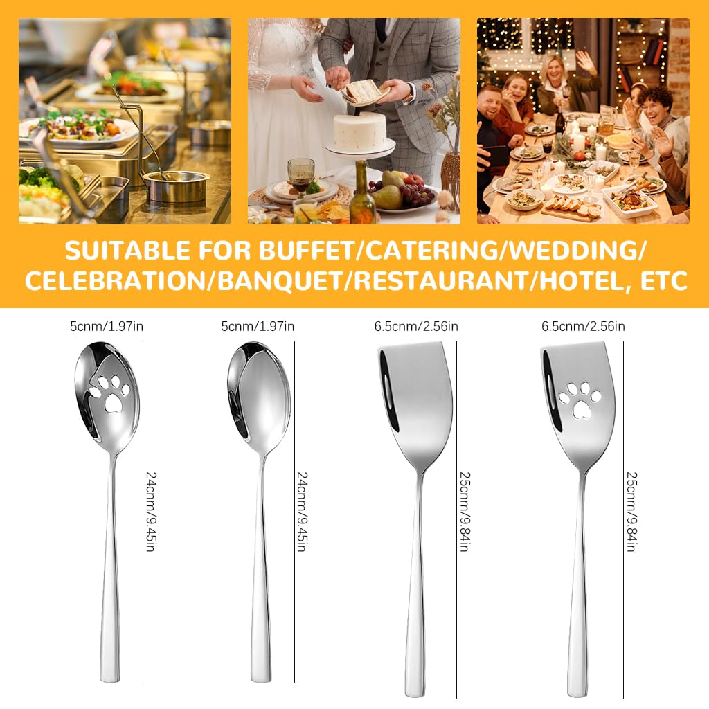 Supvox 4Pcs Serving Utensils Stainless Steel Serving Spoons Slotted Spoons Serving Spatulas Food Grade Stainless Steel Kitchen Large Serving Spoon Set Serving Utensil Set for Familes, Parties, Buffet