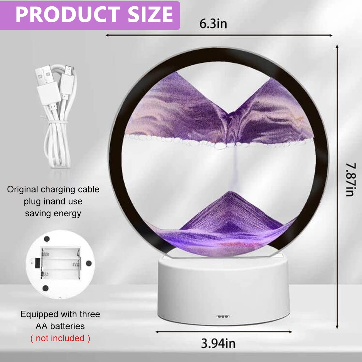 HASTHIP Moving Sand Art Desk Decoration 3D Showpiece for Home Decor with LED Light Up Base, Glass Art Desk Decoration for Living Room, Office, Table Decorative Items Gifts(Purple)