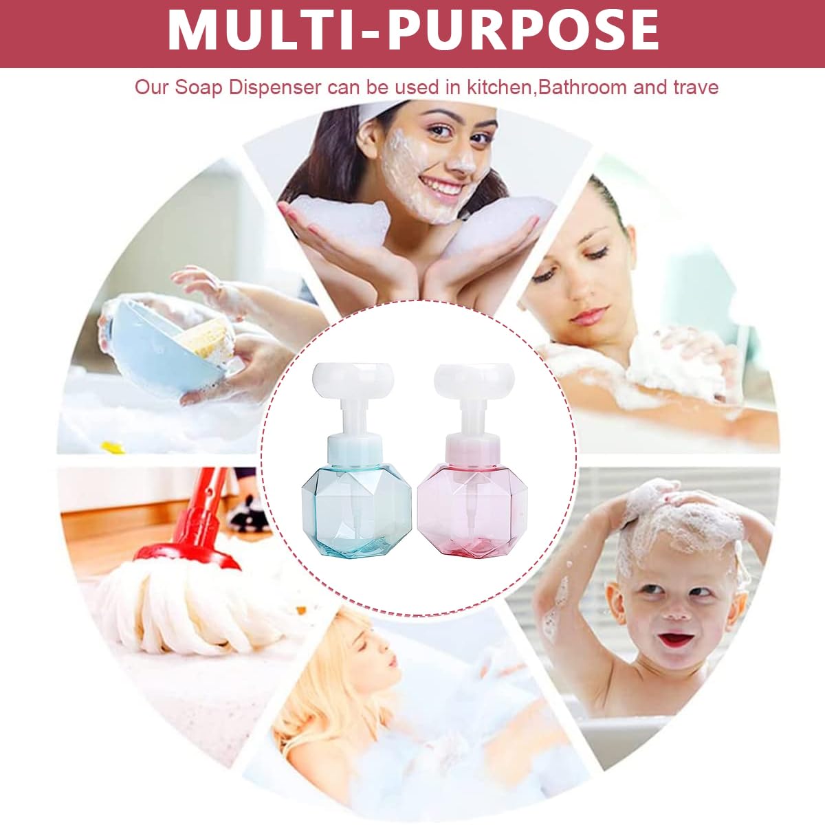 MAYCREATE 2 Pack Foaming Soap Dispenser for Bathroom Kitchen, Empty Flower Foam Liquid Hand Soap Refill Bottle, 300ml BPA Free Plastic Press Container (Foaming Soap Only)