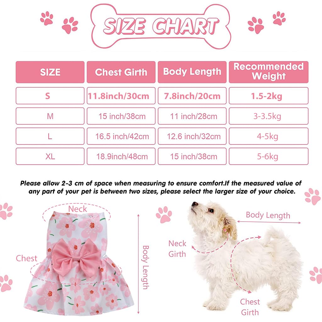 ZIBUYU Dog Dress for Small Medium Dogs and Cats Cute Floral Print Dog Clothes with Pink Bow Summer Dog Cat Dress Puppy Pet Clothes for Daily, Walking - Size M