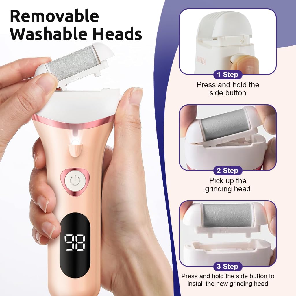 HANNEA Electric Callus Remover for Feet with 3 Head Rollers LED Light Foot Scrubber for Callus & Dead Skin Removal, Pedicure Machine Rechargeable Foot Care, Waterproof