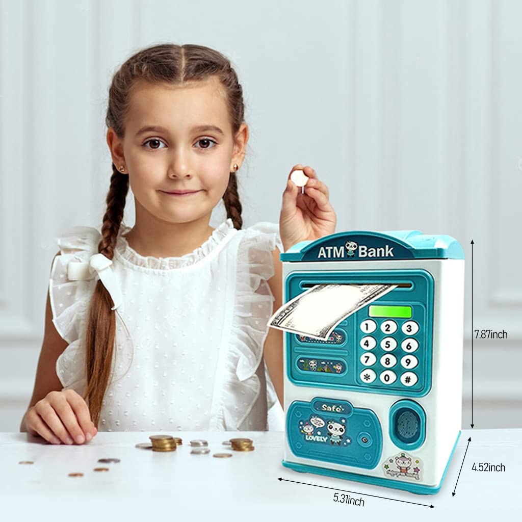PATPAT Electronic ATM Piggy Bank for Kids, Money Bank with Password and Fingerprint Lock, Automatic Paper Money Saving Box with Music, Gift Toy for Kids Boys Girls Children's Day Gift, Blue