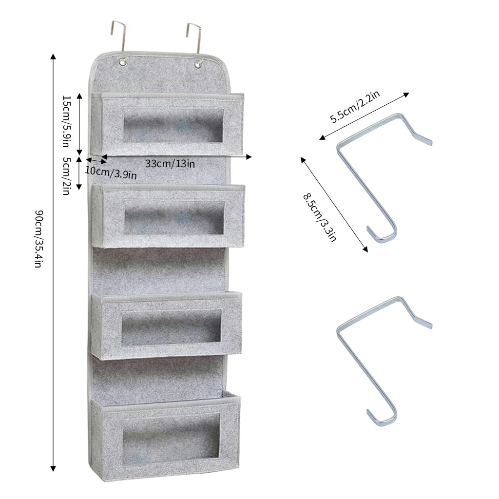 HASTHIP 4-Shelf Over The Door Organizer, Simple Houseware Over Door/Wall Mount 4 Clear Window Pocket Organizer, Grey