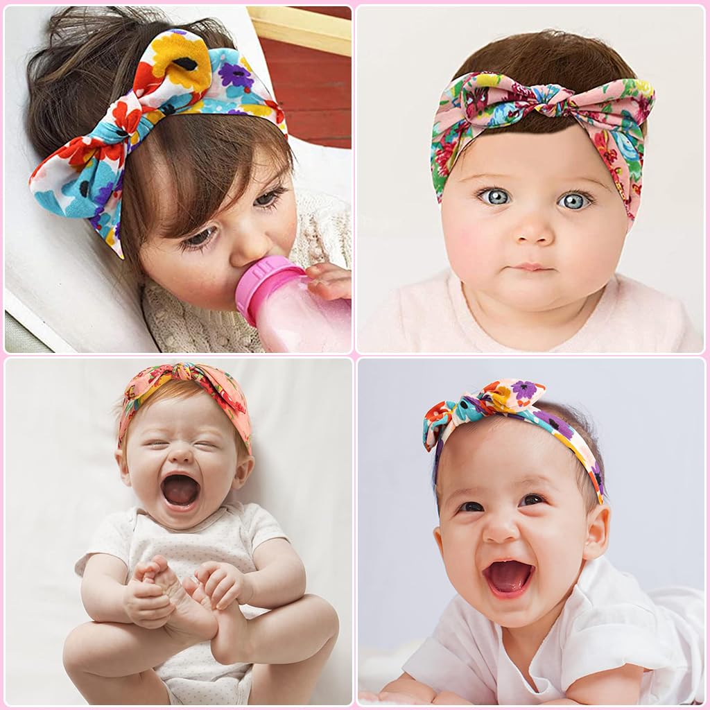 PALAY 6pcs Headband for Baby Girl, Cute Big Hair Bows Hairband for Baby Girls, Flower Pattern Hair Bands Elastic Knotted Hair Wrapped Turban for Infants Toddlers Gift