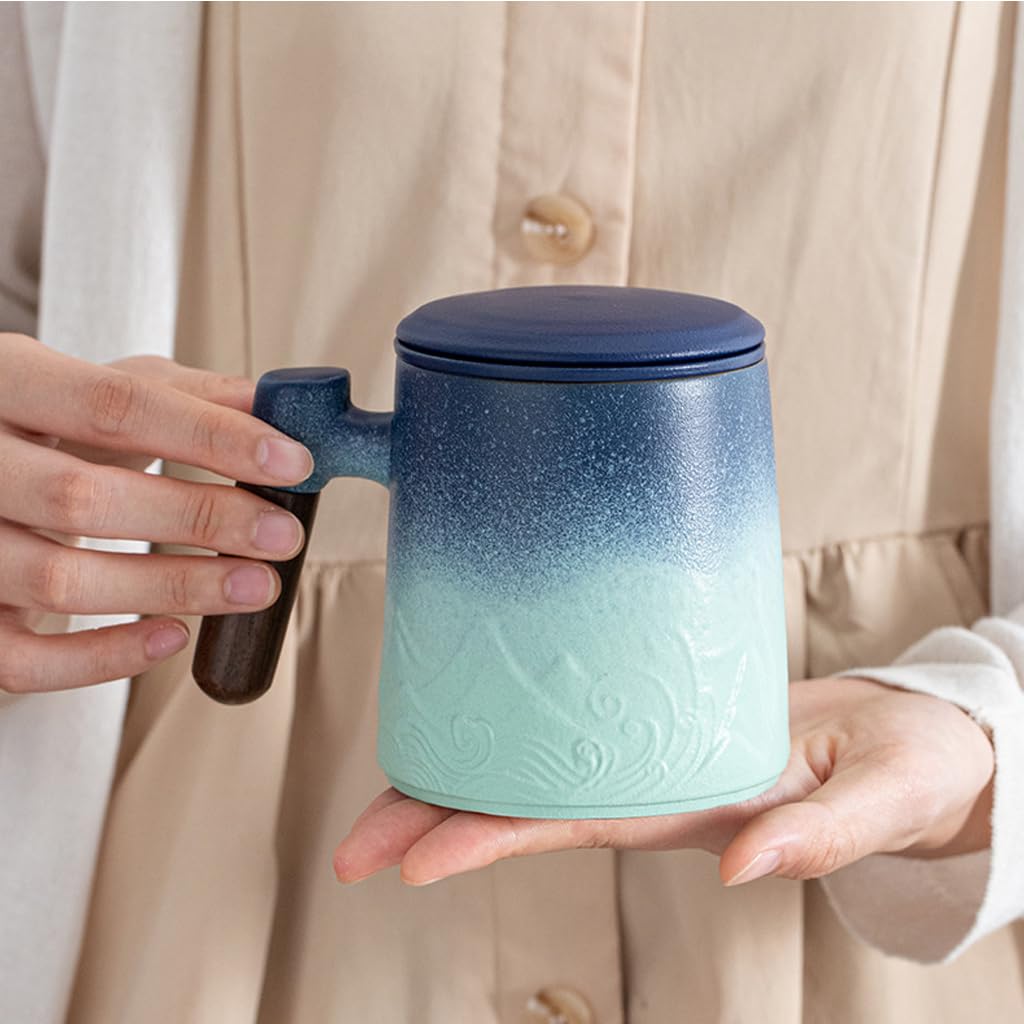 Supvox Tea Cup Ceramics Tea Cup with Separate Ceramics Tea Infuser Ceramics Gradient Blue Tea Mug Carving Mug Wall Design with Wooden Handle Ceramics Tea Mug with Gift Packing Ideal Gift