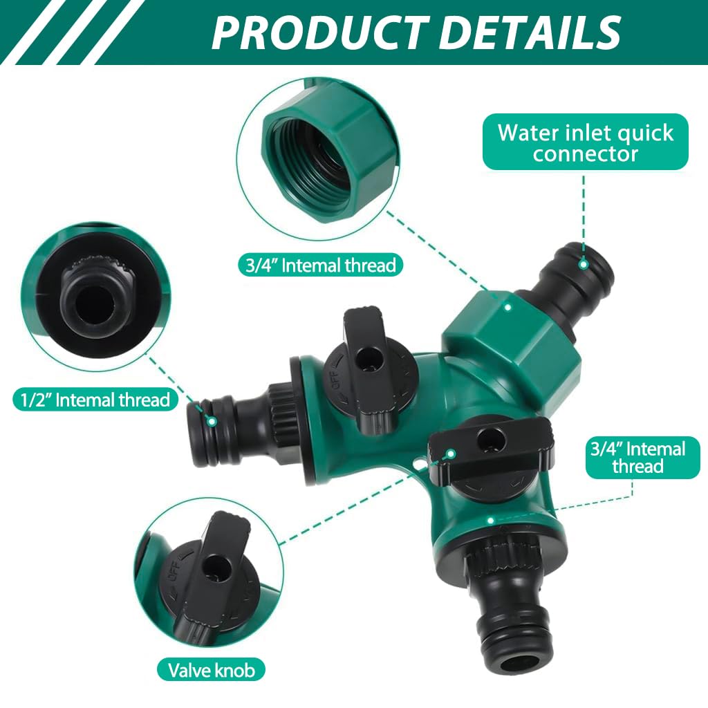 HASTHIP Splitter 2 Way for Tap and Splitter Garden Irrigation, ABS 3 Way Valve with Separate Switch, 3/4 inch and 1/2 inch Water Tap Connectors