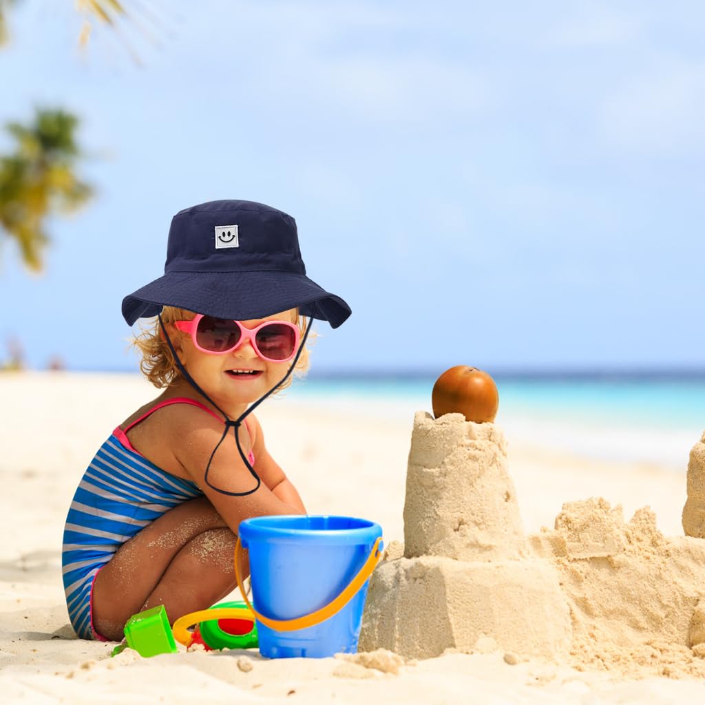 SNOWIE SOFT 2Pcs Hat for Kids Wide Brim Sun Hat Fashion Bucket Hat UPF 50+ Sun Protection Cap Unisex Sun Hat Outdoor Sun Hat for Kids 4-6 Years, Head Circumference 52 CM Navy Grey