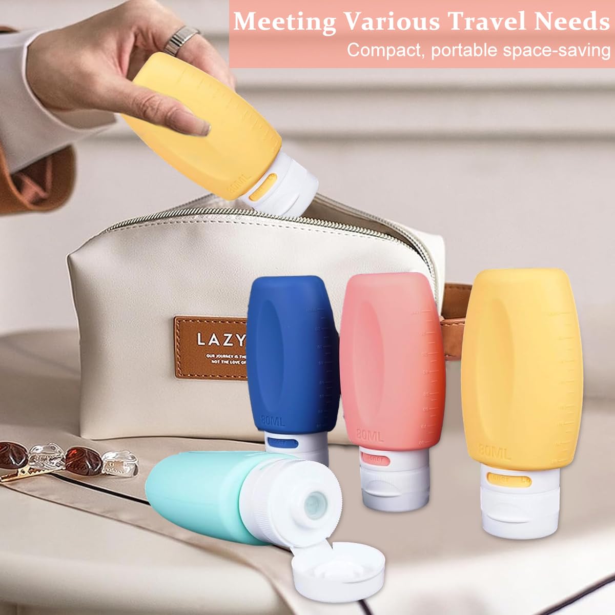 MAYCREATE 4 Pack Travel Bottles for Toiletries, 3oz Silicone Travel Dispenser Bottle, 3-Layer Leak Proof Squeezable Toiletry Bottles Kit for Shampoo Lotion Toner - BPA Free, with Clear Marked