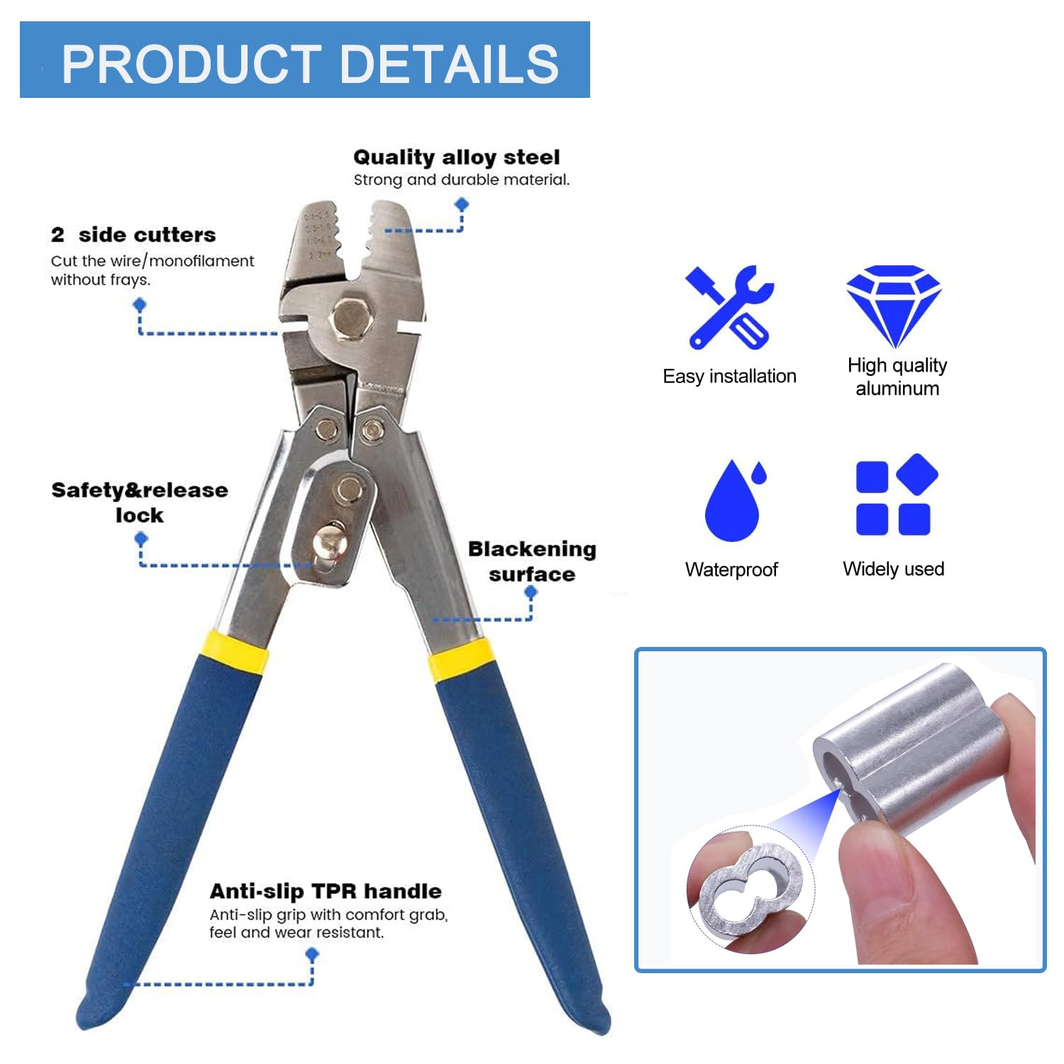 Serplex Up To 2.2mm Wire Rope Crimping Tool Swaging Tool Swager Crimper Fishing Crimping Tool Swaging Tool 1.2/1.5/2mm Aluminum Double Barrel Ferrule Crimping Loop Sleeve Kit Cable Crimper Tool