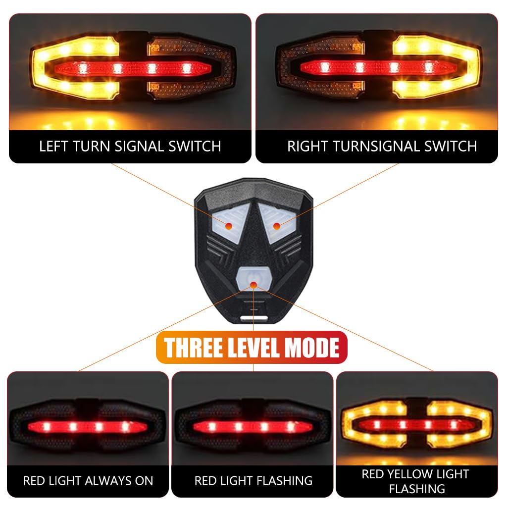 Proberos Waterproof Bike Tail Turn Signal Light with Remote Control High Brightness Dual Color LED Bike Warning Light with 3 Modes USB Rechargeable LED Turn Siginal Light for Bike, Motorcycle