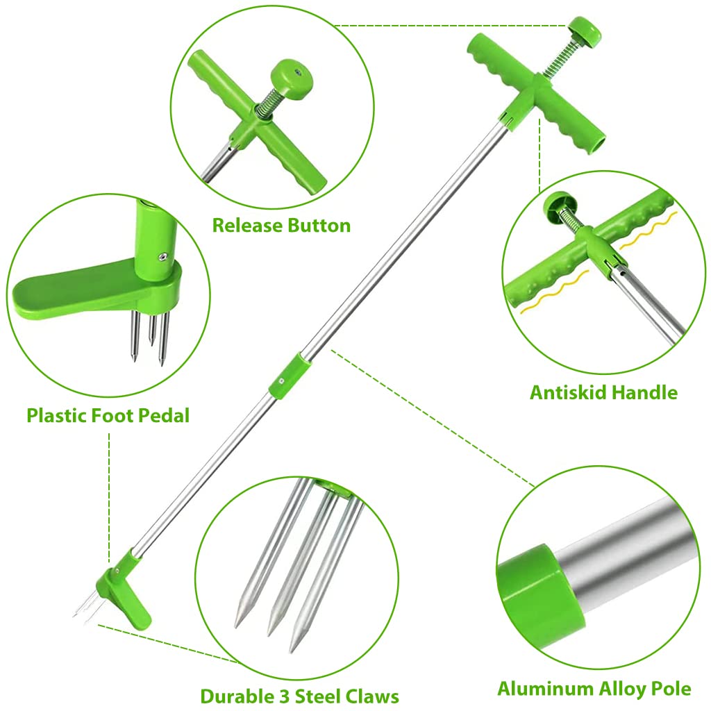 Proberos Stand Up Weeder Hand Tool, Long Handle Garden Weeding Tool Steel 3-Claws Weeder Hand Tool, Hand Weed Puller, Twist to Catch, Press to Release, Manual Weed Puller for Lawn, Garden