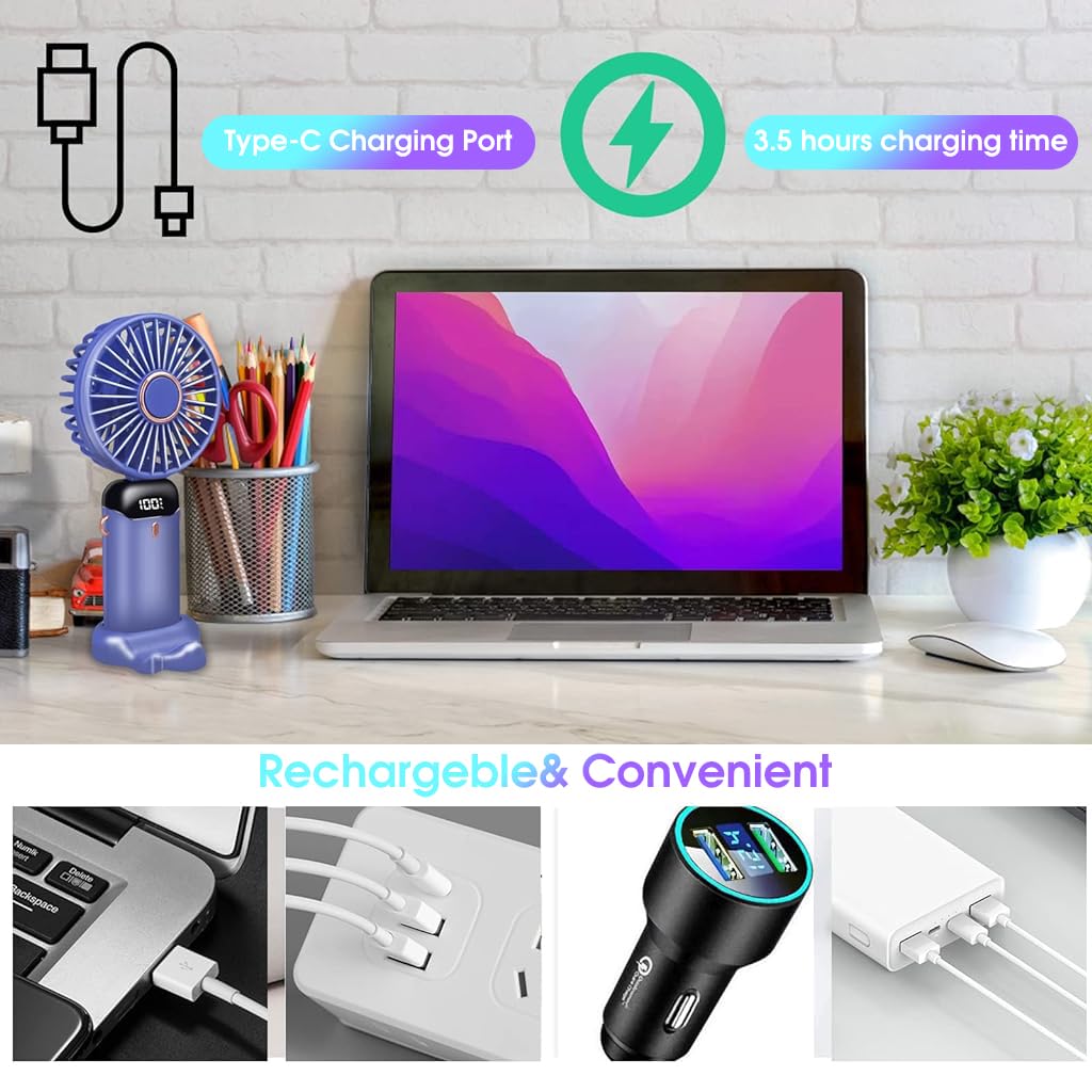 Verilux Hand Fan Mini Handheld Fan, 5000mAh Rechargeable with 5 Speeds, Battery Operated Mini Fan Foldable Desk Desktop Fans with LED Display for Home Office Bedroom Outdoor Travel (Wathetblue)