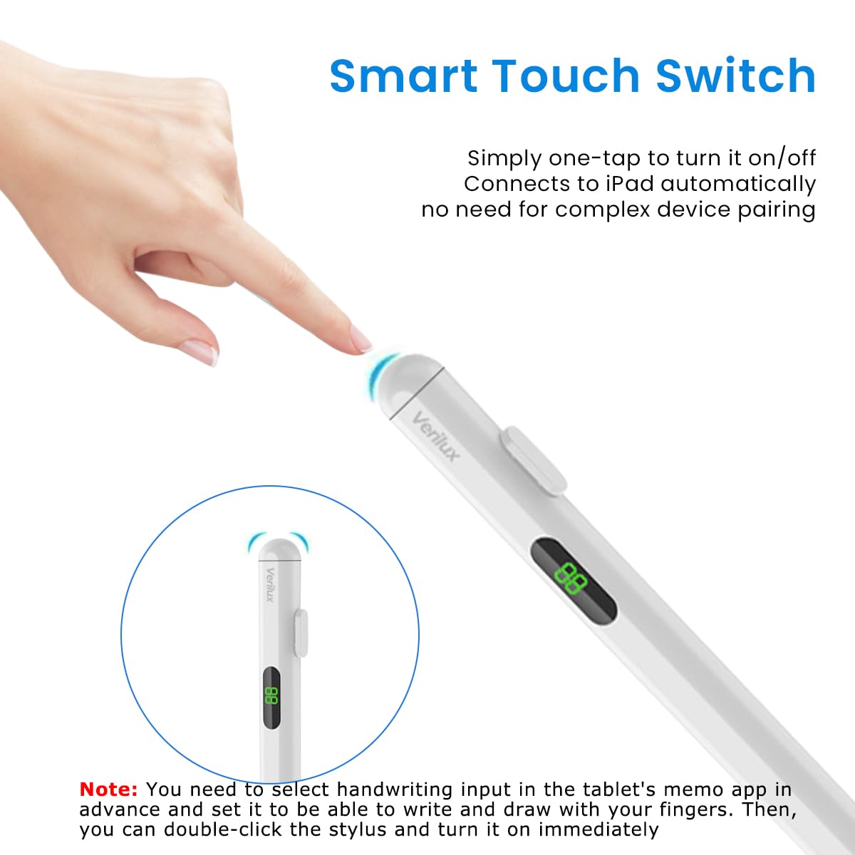 Verilux Stylus Pen for iPad 2018 and Later iPad Stylus Pen with LCD Power Display High Precision & Double Tap ON/Off for Apple Pencil Palm Rejection Smart Pen for Tablet with Tilt Sensitivity