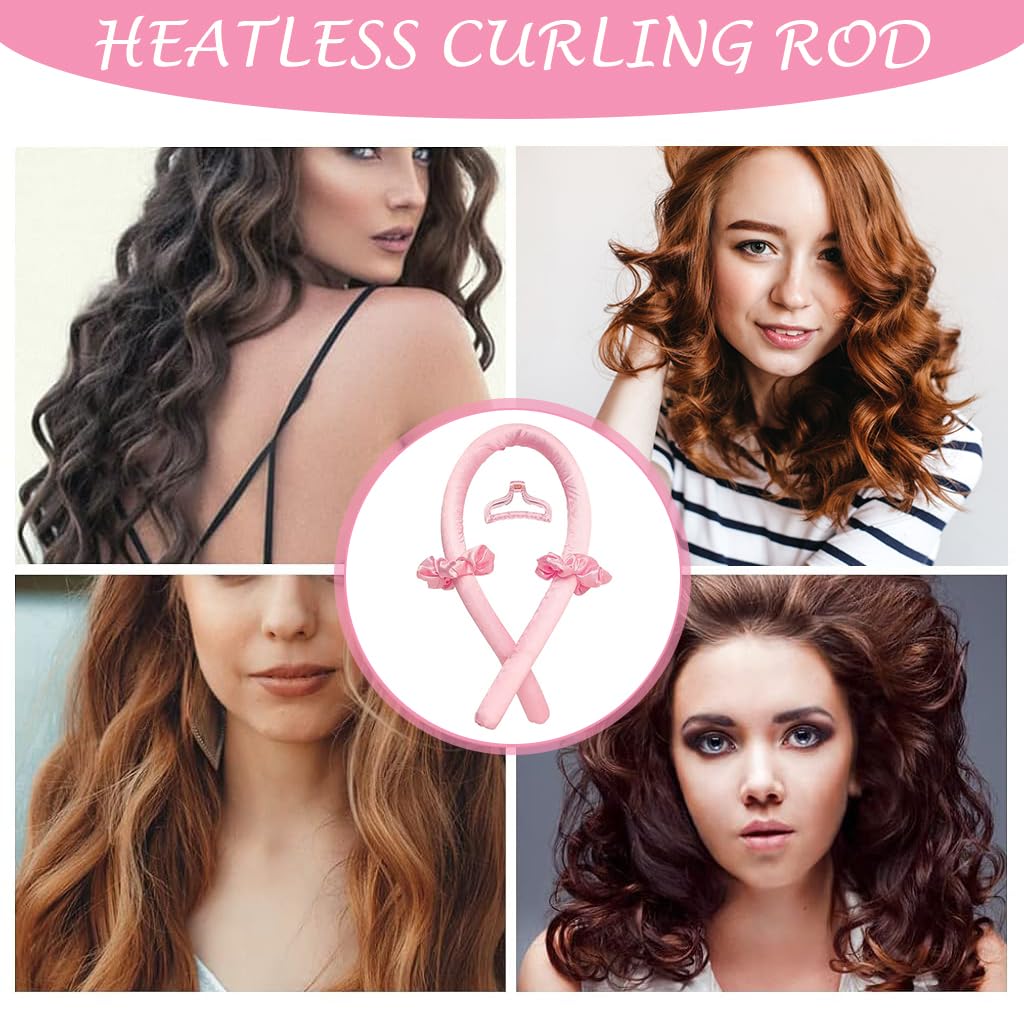 ZIBUYU Heatless Curling Rod Headband No Heat Silk Ribbon Curling Rod Hair Roller Curls with Hair Claw Clip Lazy Natural Soft Wave DIY Hair Rollers Styling Tool for Sleep in Overnight (Pink)