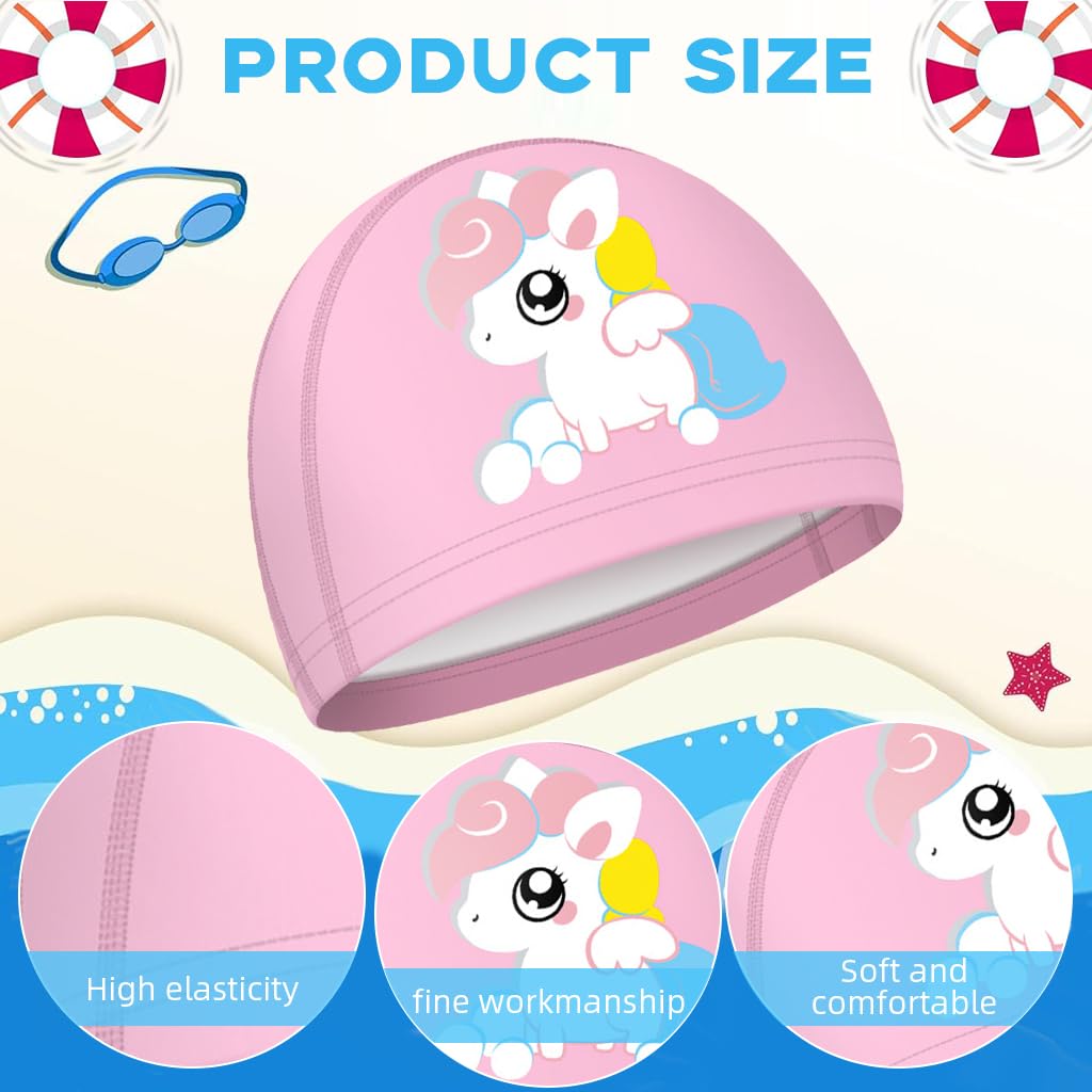 Proberos PU Swim Cap for Kids, Cartoon Unicorn Swimming Cap for Girls Elastic PU Swim Cap, Swimming Cap for Child Aged 2-12 Years Old, Pink