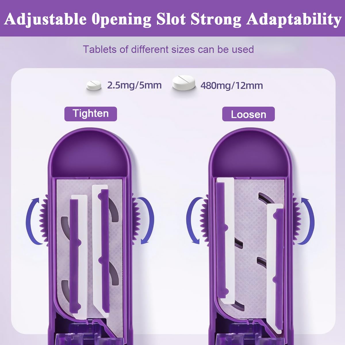 HANNEA Multiple Pill Splitter, Adjustable Pill Splitter Cutter with Accurate Pill Alignment, Stainless Steel Cutting Blade and Blade Guard for Multi Tablets, Vitamins, Purple