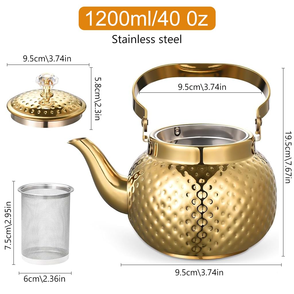 Supvox 1.2L Teapot Golden Stainless Steel Teapot with Removable Tea Infuser Luxury Golden Teapot with Lid & Handle Delicate Teapot for Loose Tea, Tea Bags
