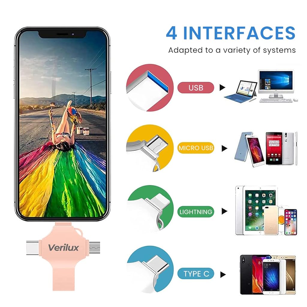 Verilux 4 in 1 Flash Drive 64GB USB Flash Drive with Lightning, Micro, USB, Type-C Interface, Mini Hangable Flash Drive Compatible with Phone, Pad, Android, PC and More Devices (Rose Golden)