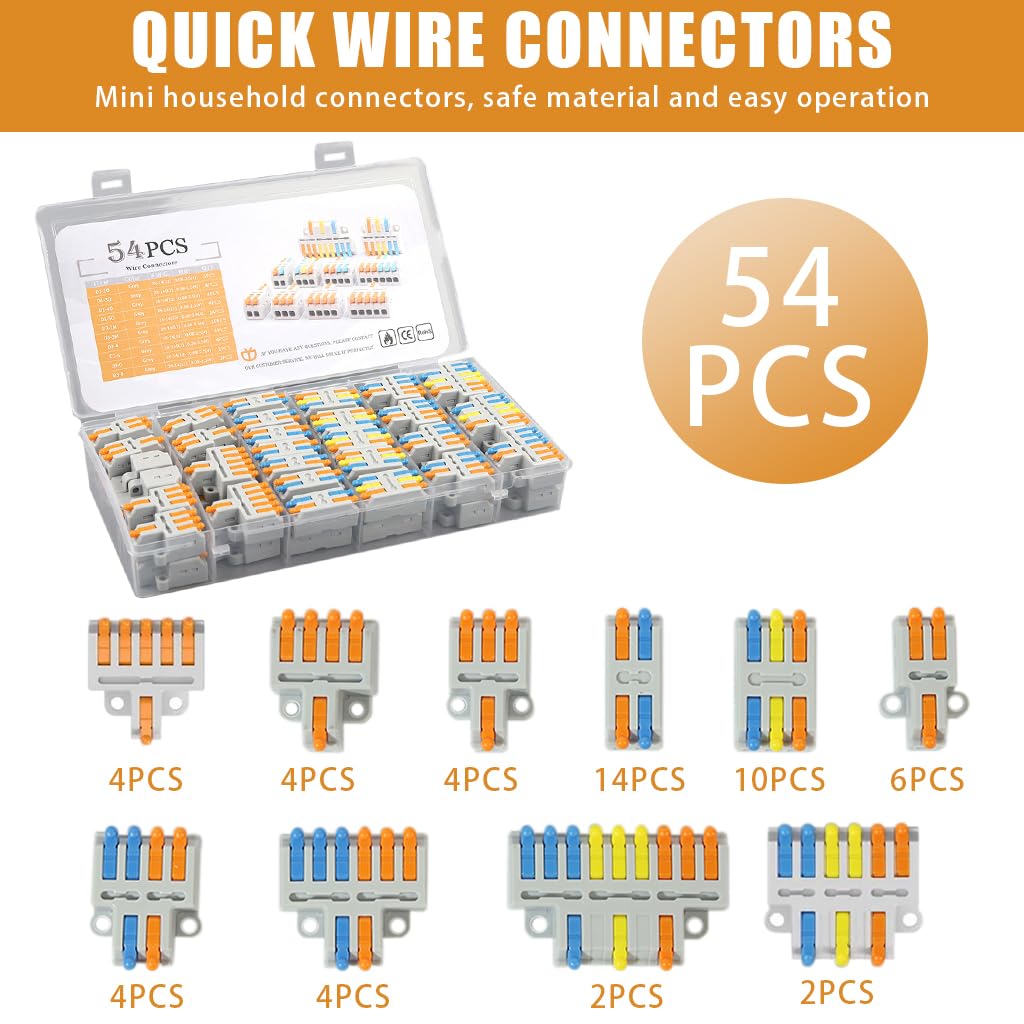 Serplex 54Pcs Wire Connector, Cable Connectors Kit with 10 Types Assorted Wire Connector Kit Universal Quick Wiring Connector for AWG 28-(14)12 Safe Fire Retardant Cable Connectors