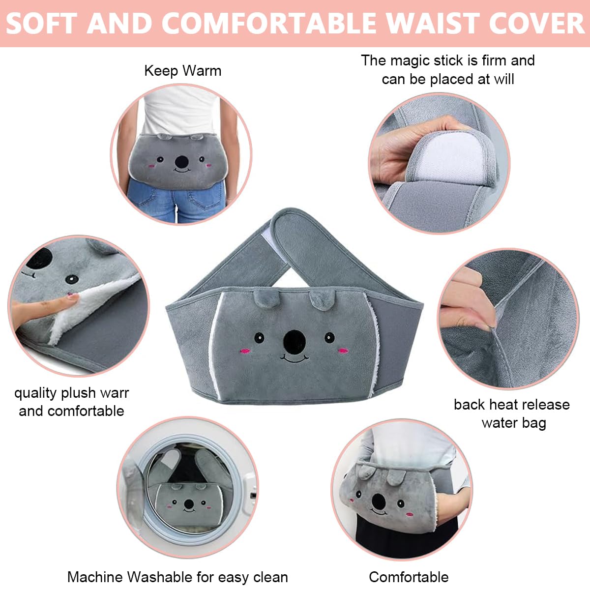 HANNEA Hot Water Bag with Plush Cover & Waist Wrap Belt Refillable Hot Water Bag Anti-leakage PVC Hot Water Bag Period Pain Relief Hot Water Bag, Relieve Cramp Relief, Back Pain