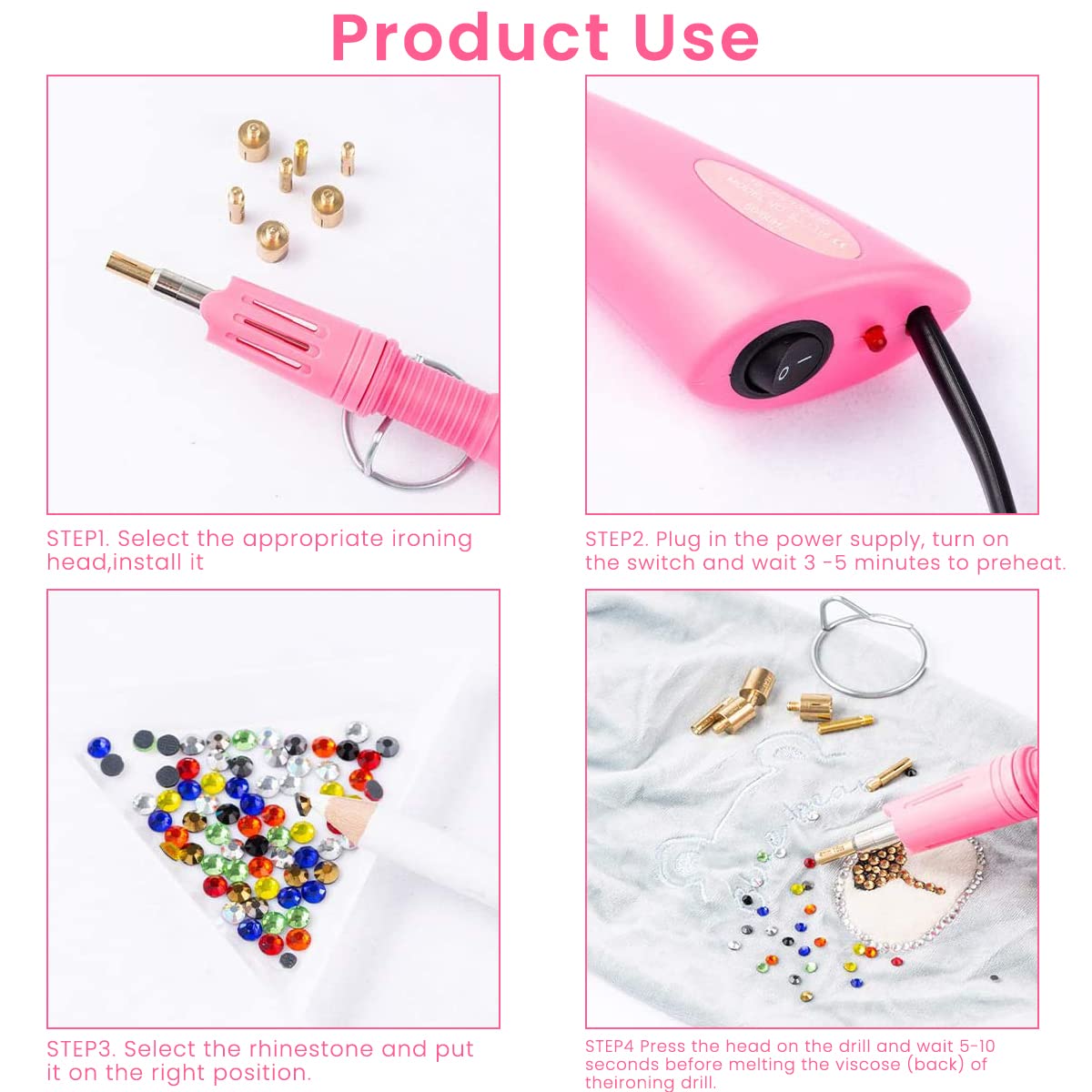 HASTHIP Hotfix Rhinestone Setter, Applicator ToolKit, Hot Fixed Wand Kit, Includes 12 Colors of Rhinestone and 1 Box White Rhinestone, Hot Melt Tool with 7 Sizes Metal Hot Melt Bit, Trays, Zip Bag