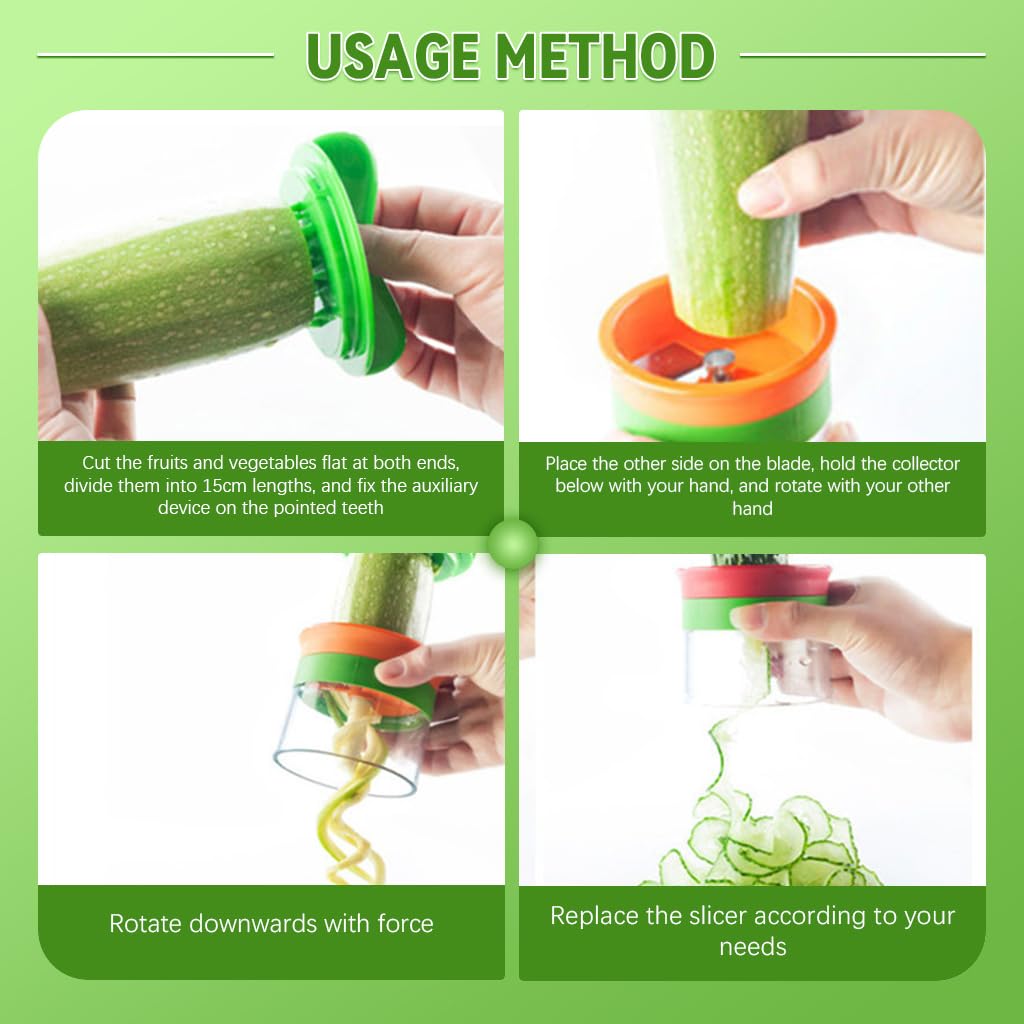 Supvox 3 in 1 Stackable Spiral Vegetable Slicer, Stainless Steel Manual Grater & Slicer with 3 Interchangeable Blades & Guard Handle, Spiralizer for Veggies Noodles