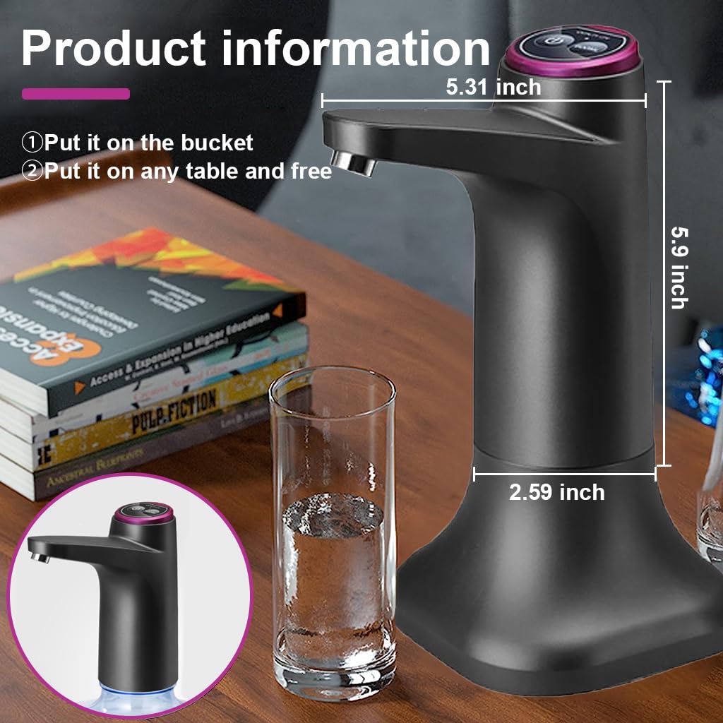 HASTHIP 5 Gallon Water Dispenser with Base, Electric Folding Water Pump with USB Charging and Auto-Off, Portable Water Dispenser for Universal 2-5 Gallons, Touch Screen and Low Noise (black)