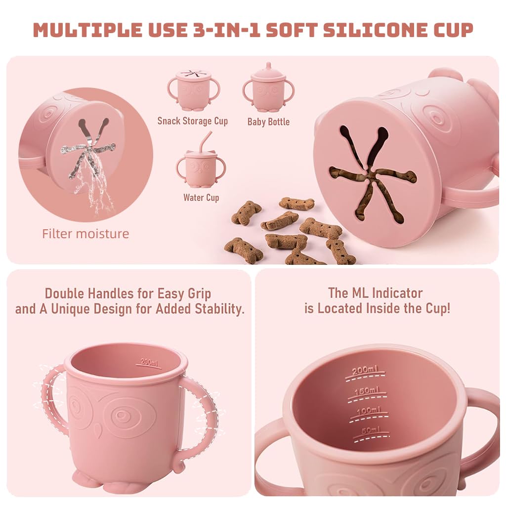 SNOWIE SOFT Baby Feeding Set of 10Pcs Food Grade Toddlers Silicone Food Plate Sipping Cup Bowl Set with Silicone Bib, Baby Cutleries, Self-Feeding Tableware Set for Toddlers, Sterilizable, Pink