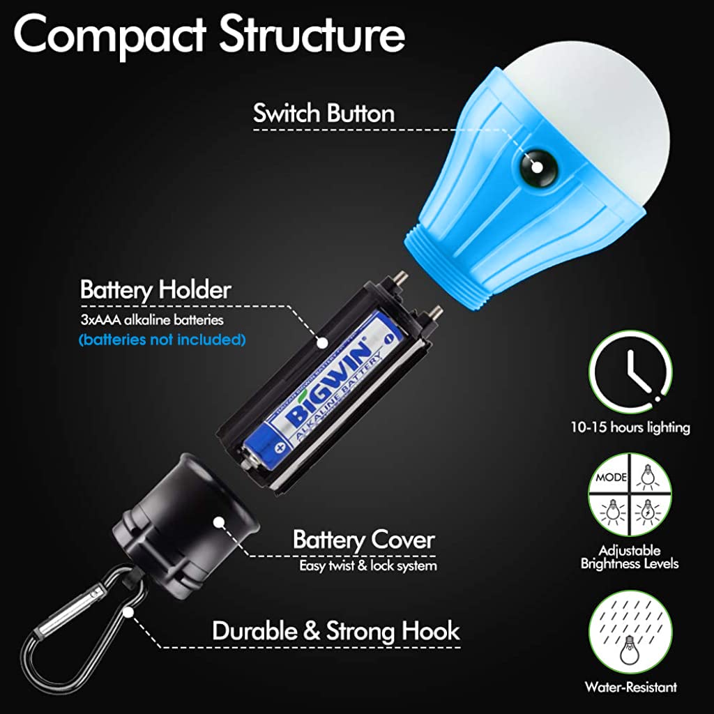 Proberos 4pack Camp Light with Carabiner, Battery LED Light Portable Lamp Emergency Lights for Camping Hiking Outdoor Home, Battery Powered(Battery Not Included)