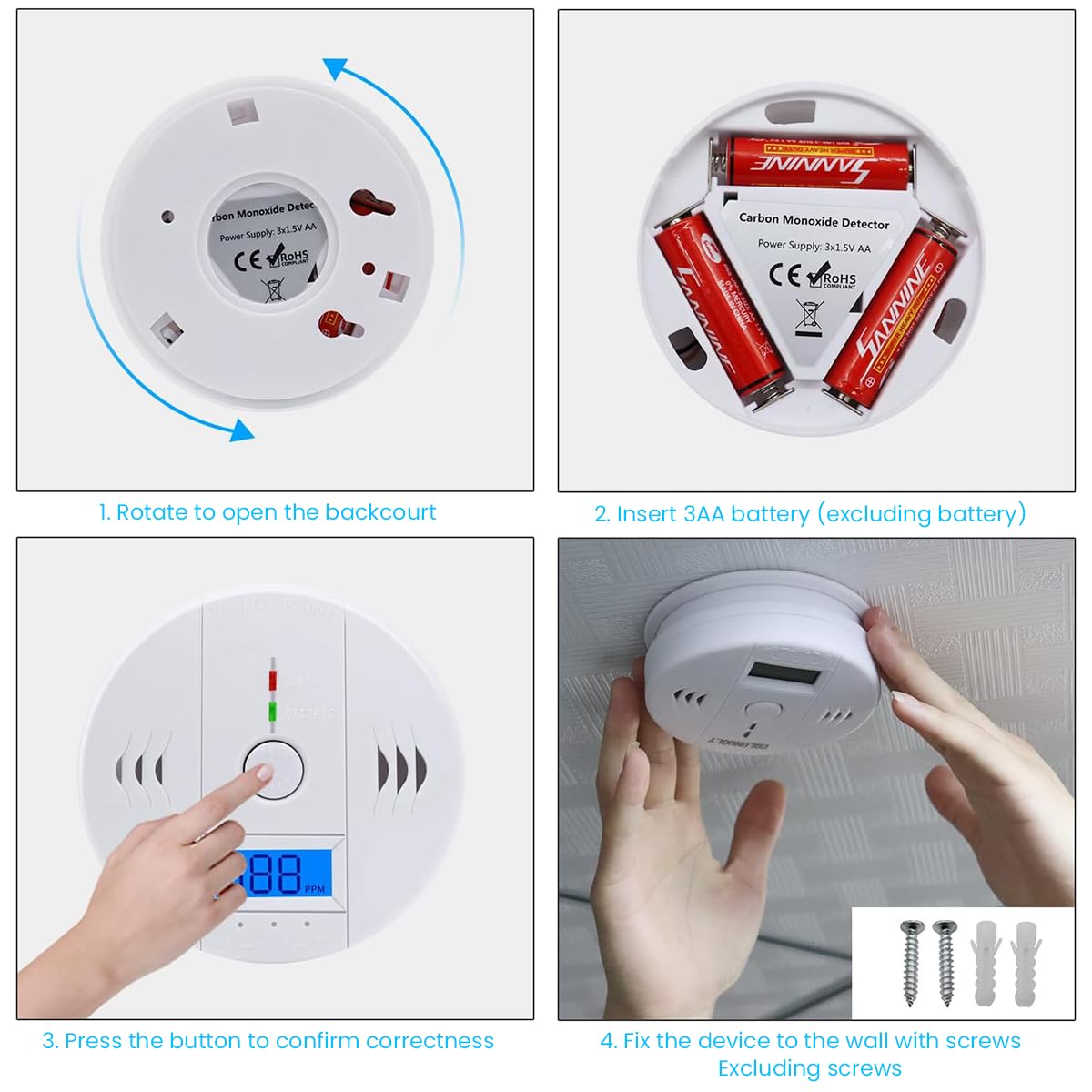 HASTHIP Carbon Monoxide Detector Alarm 85DB Replaceable Battery-Operated Carbon Monoxide Alarm Detectors with Digital Display & LED Lights CO Alarm Device for Kitchen Bathroom (Battery NOT Included)